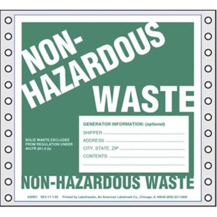 Non-Hazardous Waste Label, Generator Info, Pin-Feed Paper Thumbnail